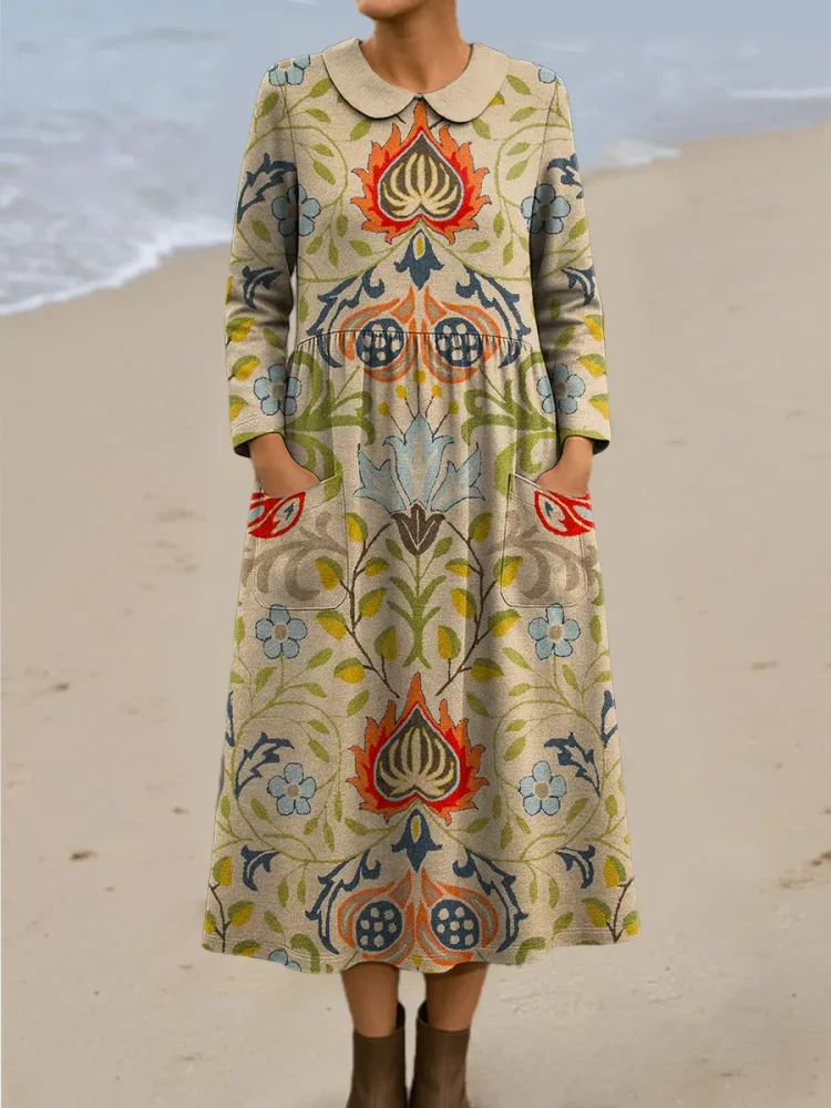 Women's Vintage Floral Art Print Casual Cotton Dress