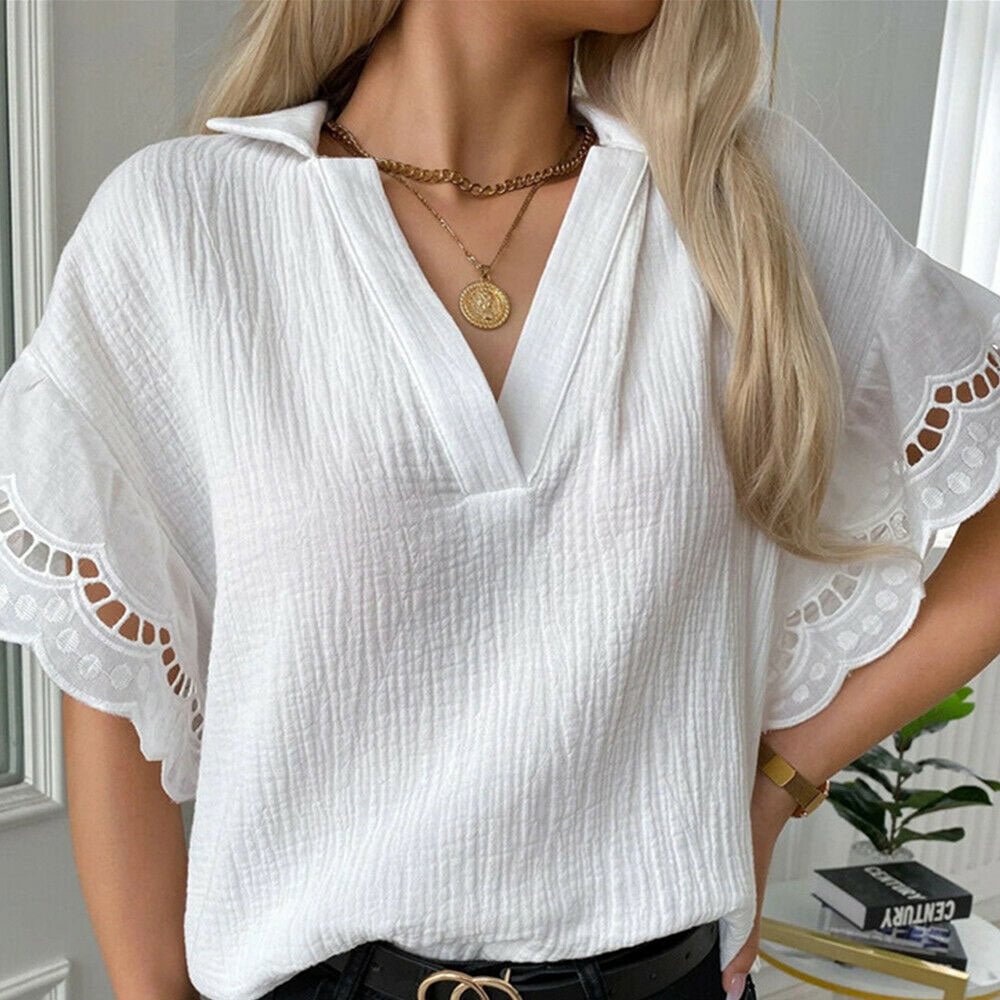 Shecustoms™ Women Summer Casual V Neck Lace Trim Short Sleeves Loose Top White T-shirt