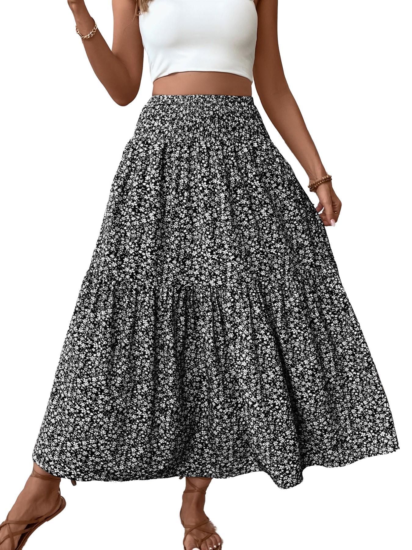 Women's Ditsy Floral Vintage Casual Vacation Layered A-Line Skirt, Elegant Long Skirt for Spring & Fall, All over Print Fitted Style