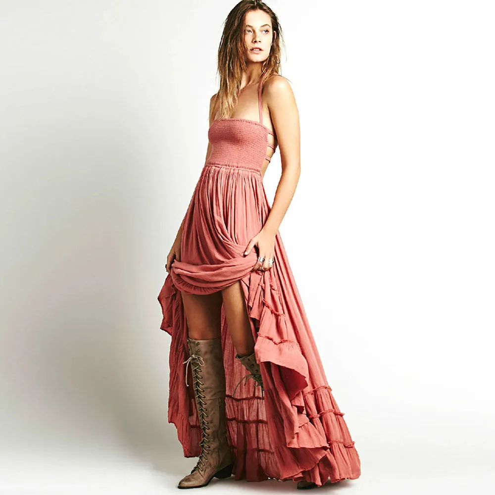 Brownm Backless Bohemian Beach Maxi Cotton Dress Dresses