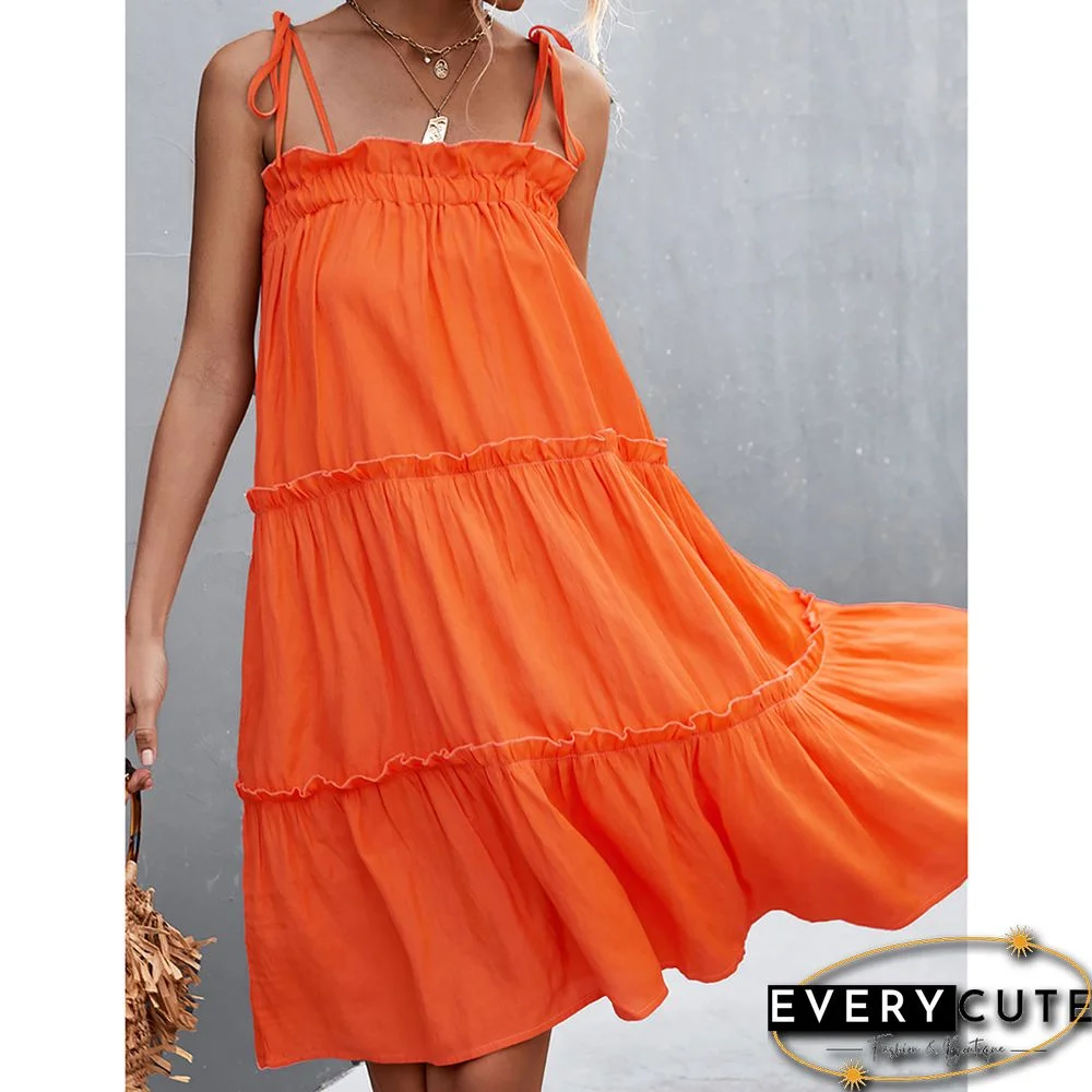 Orange Lace-up Layered Swing Casual Dress