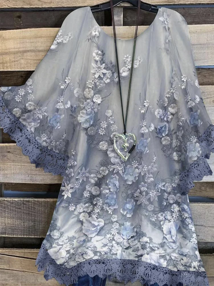 Blue Casual O-neck Loose Flower Printed Top-Mayoulove