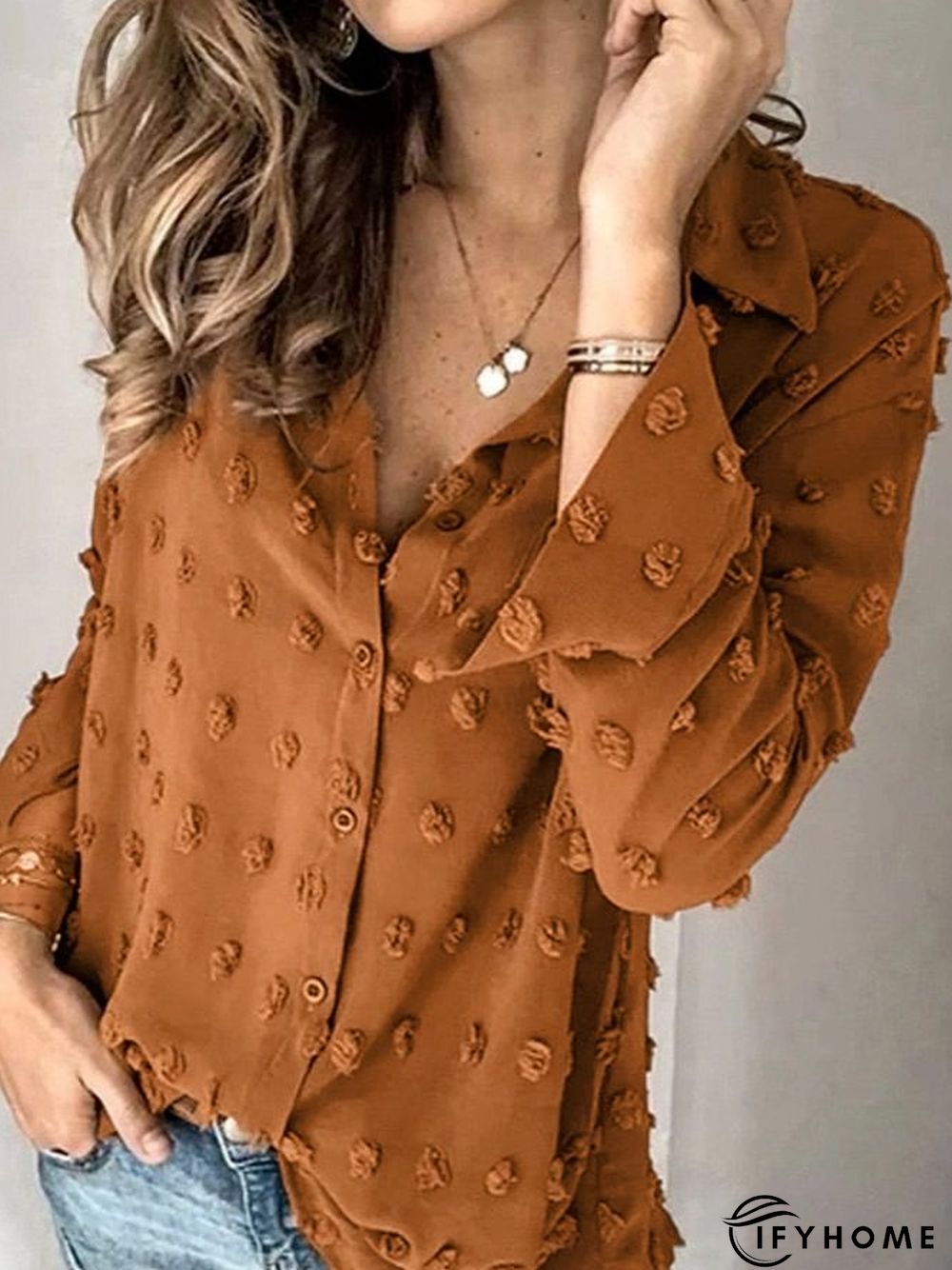 Plus Size Shirt Collar Polka Dots Loose Casual Top | IFYHOME