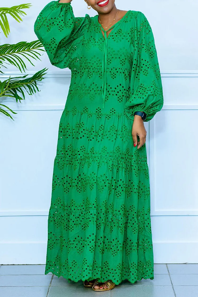 Plus Size Vacation Green Casual Hollow Puff Sleeve Long Sleeve Maxi Dresses 2024 - Xpluswear