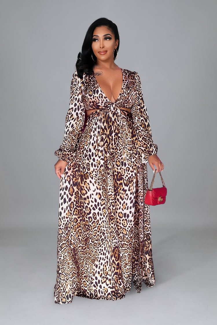 Leopard Printed Cutout Slit Elegant Cocktail Maxi Dresses