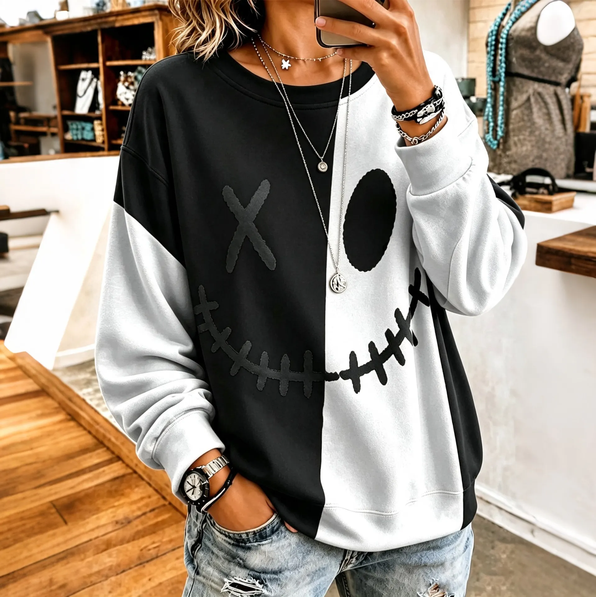 Comstylish Women's Halloween Ghostly Face Color Blocking Print Casual Sweatshirt