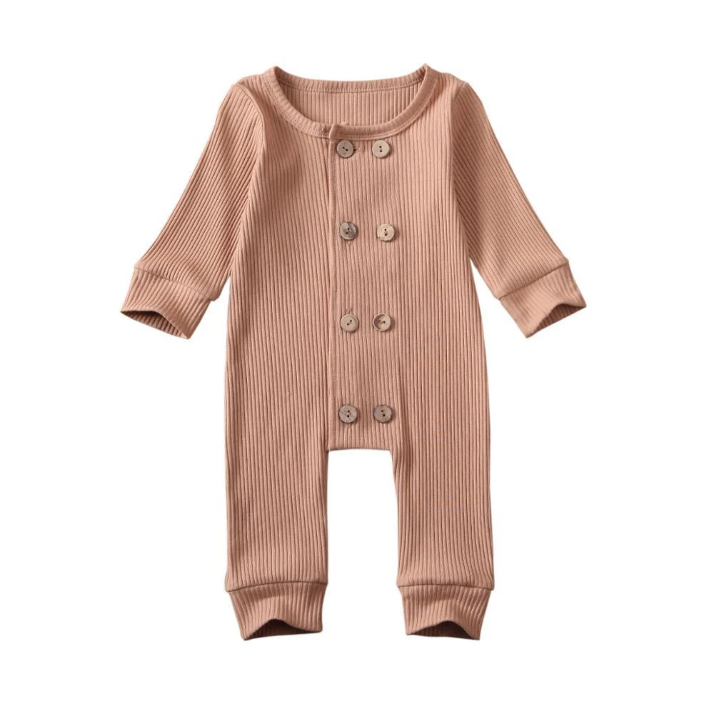 Infant Baby Girl Boy Solid Jumpsuit Long Sleeve Zipper Buttons Ribbed Jumpsuit Pure Cotton Jumpsuit Baby Round Neck Rompers