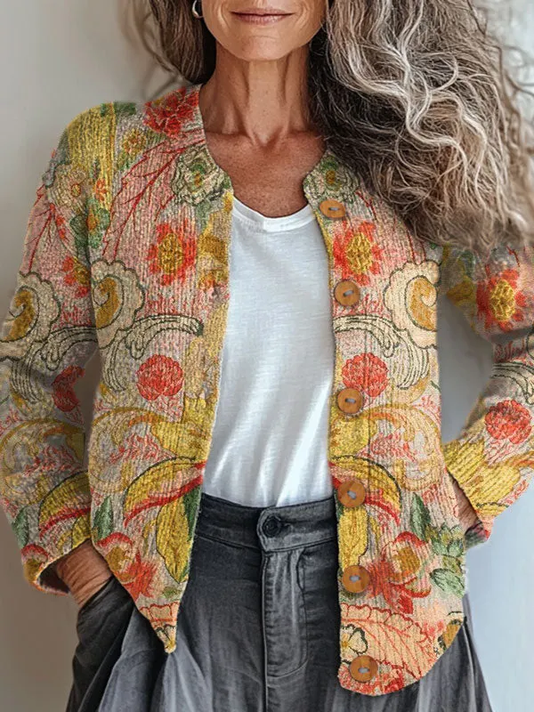 Vintage Flower Art Print Buttoned Cardigan Sweater