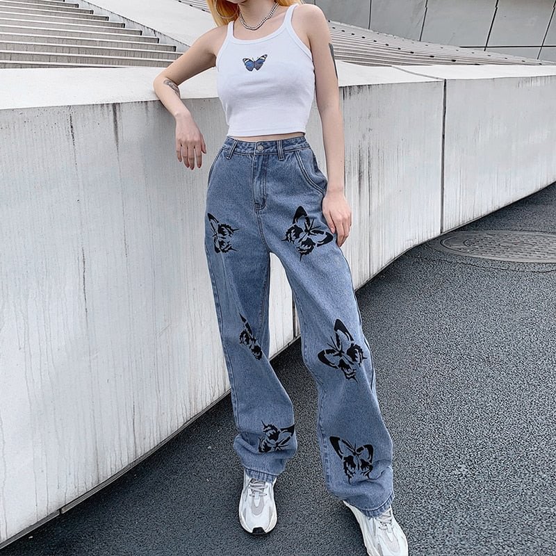 Weekeep Butterfly Print Loose Casual Wide-leg Jeans Women High Waist Streetwear Pants Summer New 2020