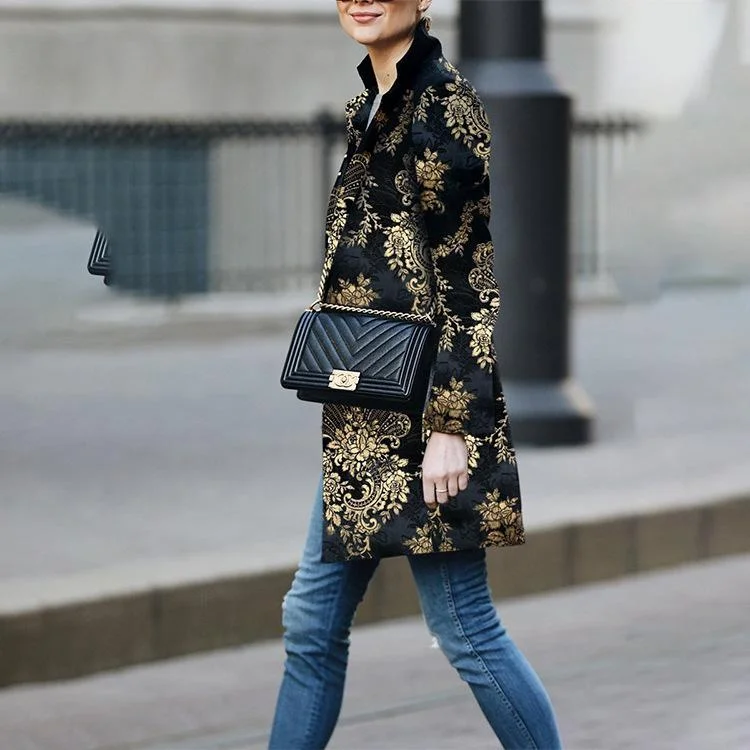 VChics Retro Print Long Sleeve Coat