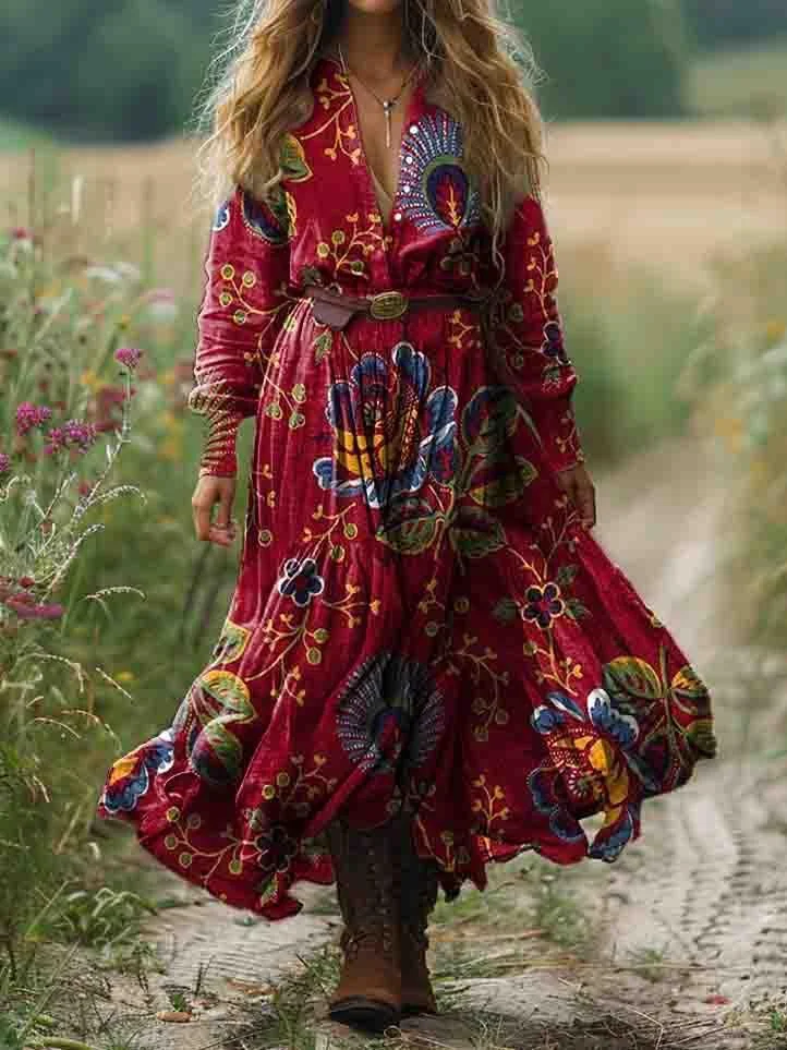 Women's Boho Floral Art Print Pocket Cotton Dress