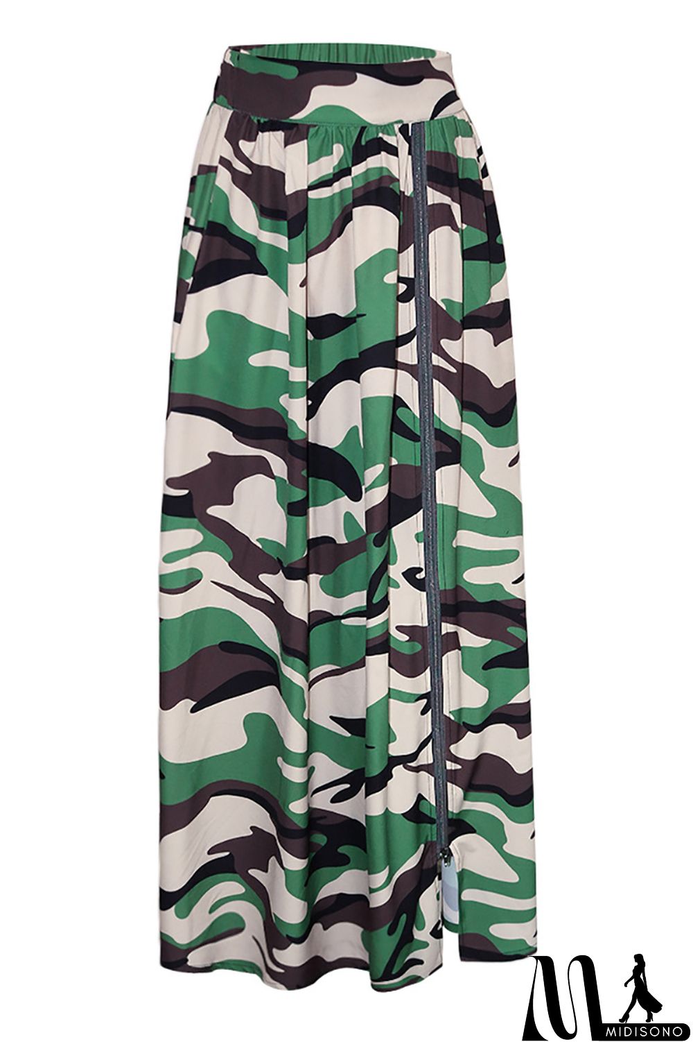 MidiSono - High Slit Camo Print Pleated Maxi Skirt