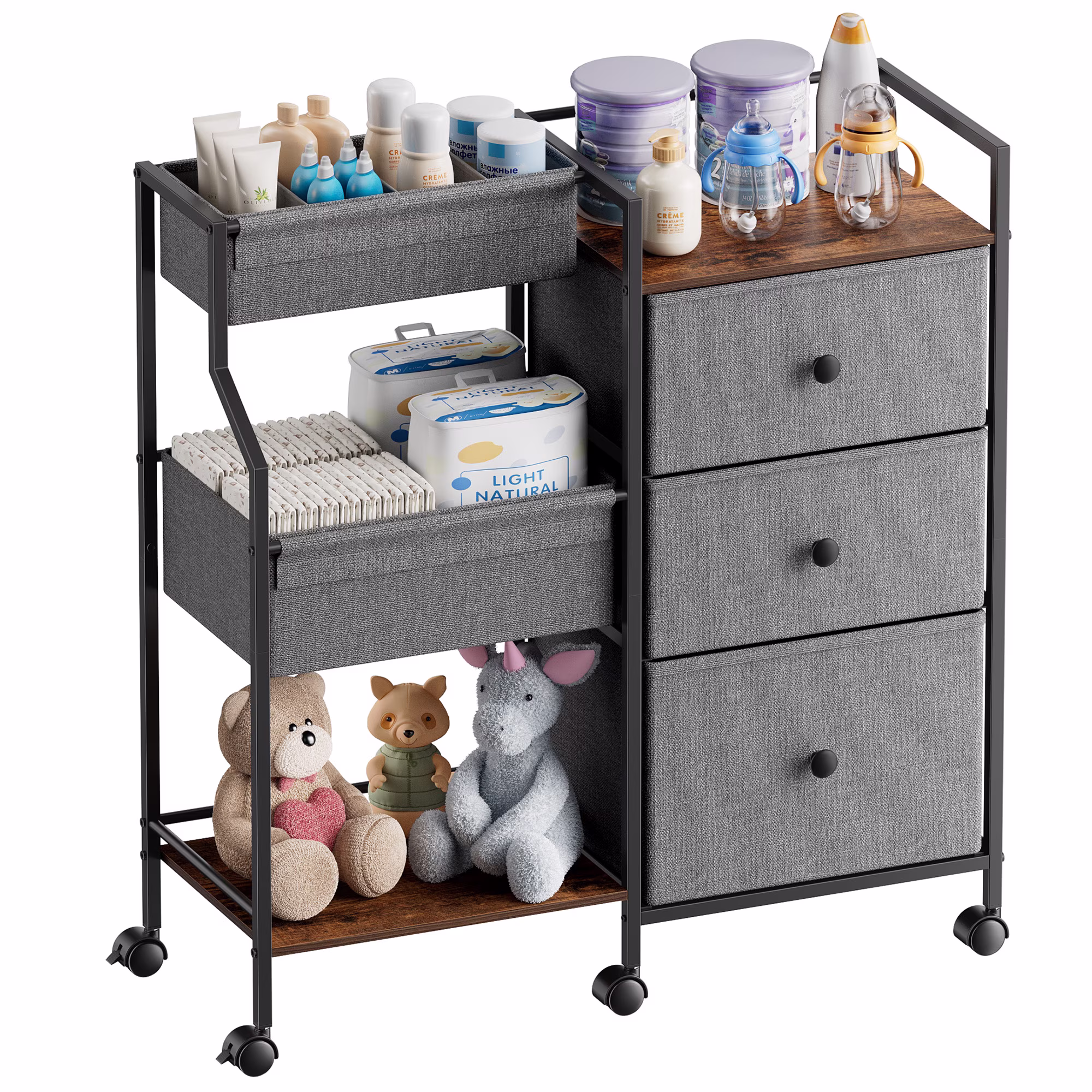 3 Tier Diaper Organizer & Storage Cart for Nursery, Bedroom, Changing Table with Dividers & Drawers