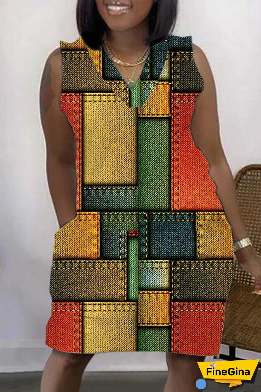 Coffee Casual Print Basic V Neck Sleeveless Dress Dresses