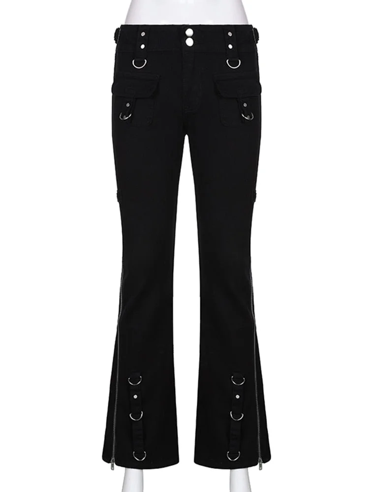 Sweetown Rivet Goth Black Jeans Dark Academic Girl Techwear Side Zipper Low Waist Straight Denim Trousers Women Streetwear