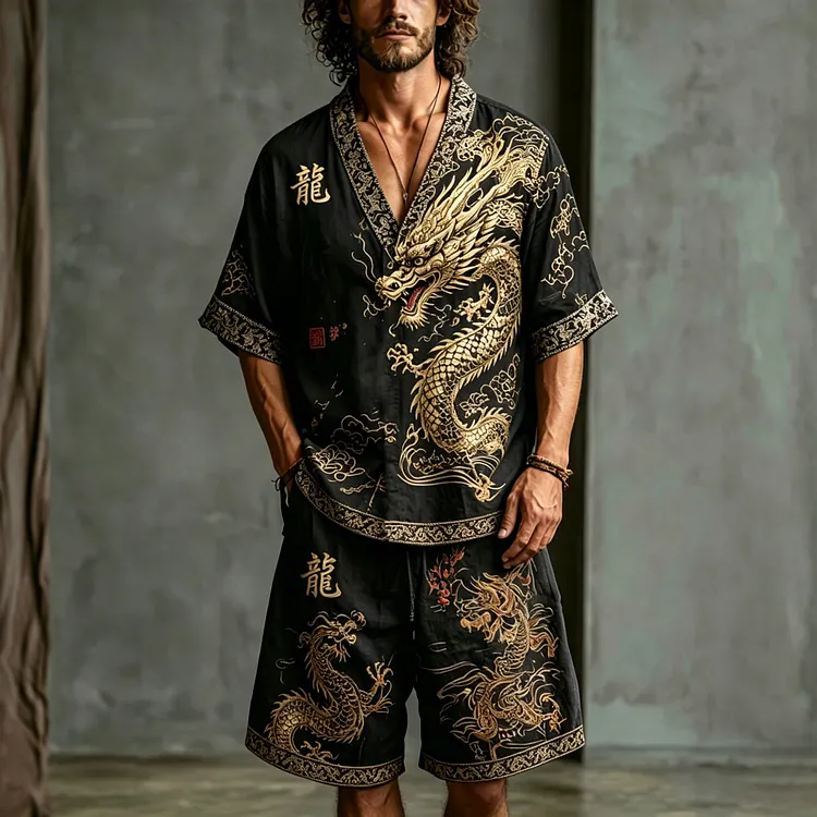 Men's Dragon Letter Linen V-neck Short-sleeve Shorts Two-piece Set