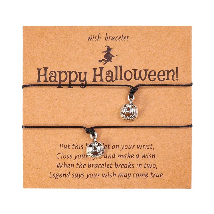 2 Pcs Halloween Bracelet Set Wish Bracelet Pumpkin Skull Witch Cat Skeleton Bracelets Adjustable Bracelet Halloween Gift for Kids Family Friends