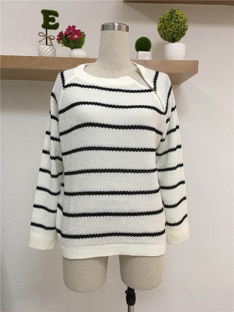 Fitshinling Casual stripes lady's sweater knitwear zipper black white slim jumper long sleeve basic sweaters for women pullovers