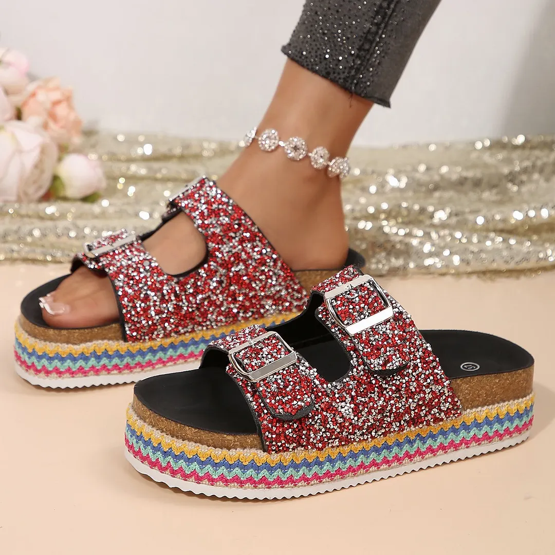 Breakj Breakj Fashion Thick-Bottomed Slippers Double Buckle Wearing Beach Corks Duke Bin Buckle Cold Slippers