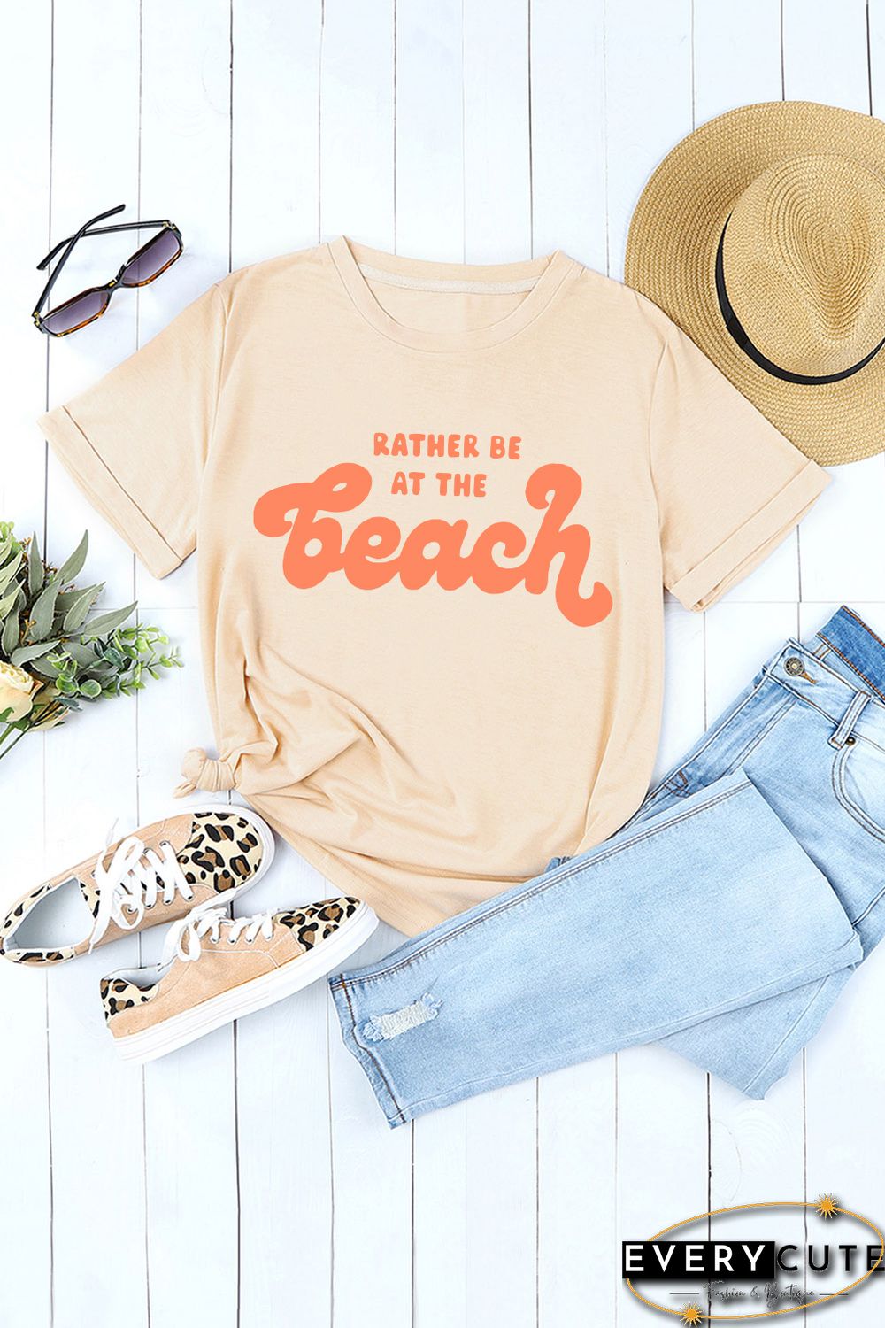 Khaki RATHER BE AT THE BEACH Letters Crew Neck Tee