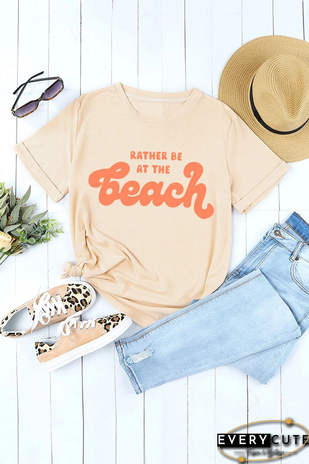 Khaki RATHER BE AT THE BEACH Letters Crew Neck Tee