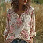 Bohemian Retro Countryside Style Plant Flower Design Cotton And Linen Women's Long-sleeve Shirt - Image 2