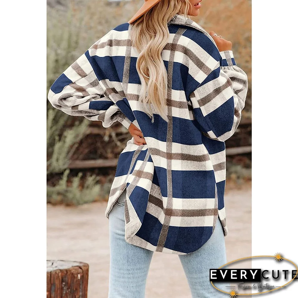 Navy Blue Plaid Flannel Button Shirt Jacket