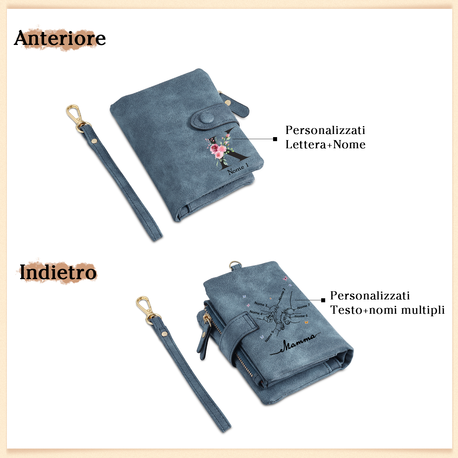Portafoglio mano nella mano in PU pelle con 7 nomi & 1 testo & 1 lettera personalizzati per mamma