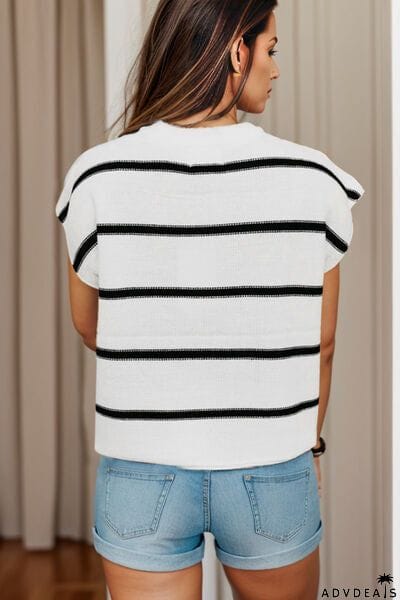 Striped Round Neck Cap Sleeve Sweater