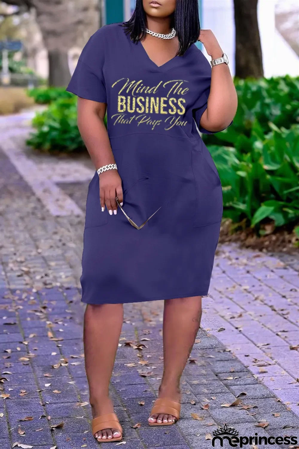 Tibetan Blue Fashion Casual Letter Print Basic V Neck Short Sleeve Dress