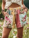 Women's Patchwork Rose Floral Contrast Waist Drawstring Pocket Shorts