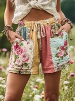 Women's Patchwork Rose Floral Contrast Waist Drawstring Pocket Shorts
