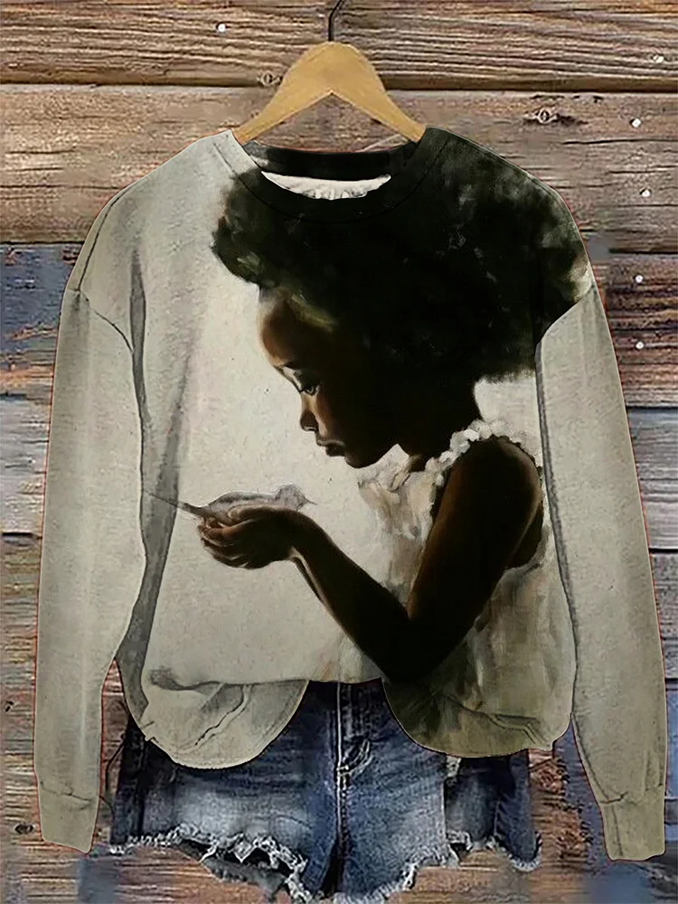 Women's Black Girl and Bird Art Print Cozy Sweatshirt