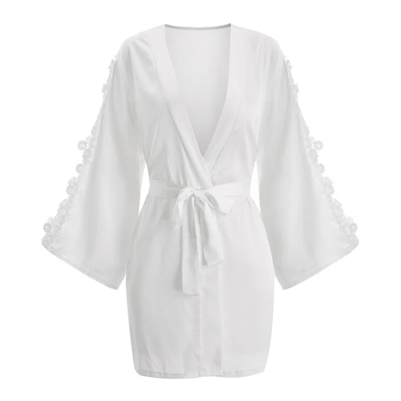 Silky Pajamas for Women Bathrobe Morning Gowns Lace-up Cutout Flower V-Neck Nightdress Gift for Wedding Homewear Sleep Set