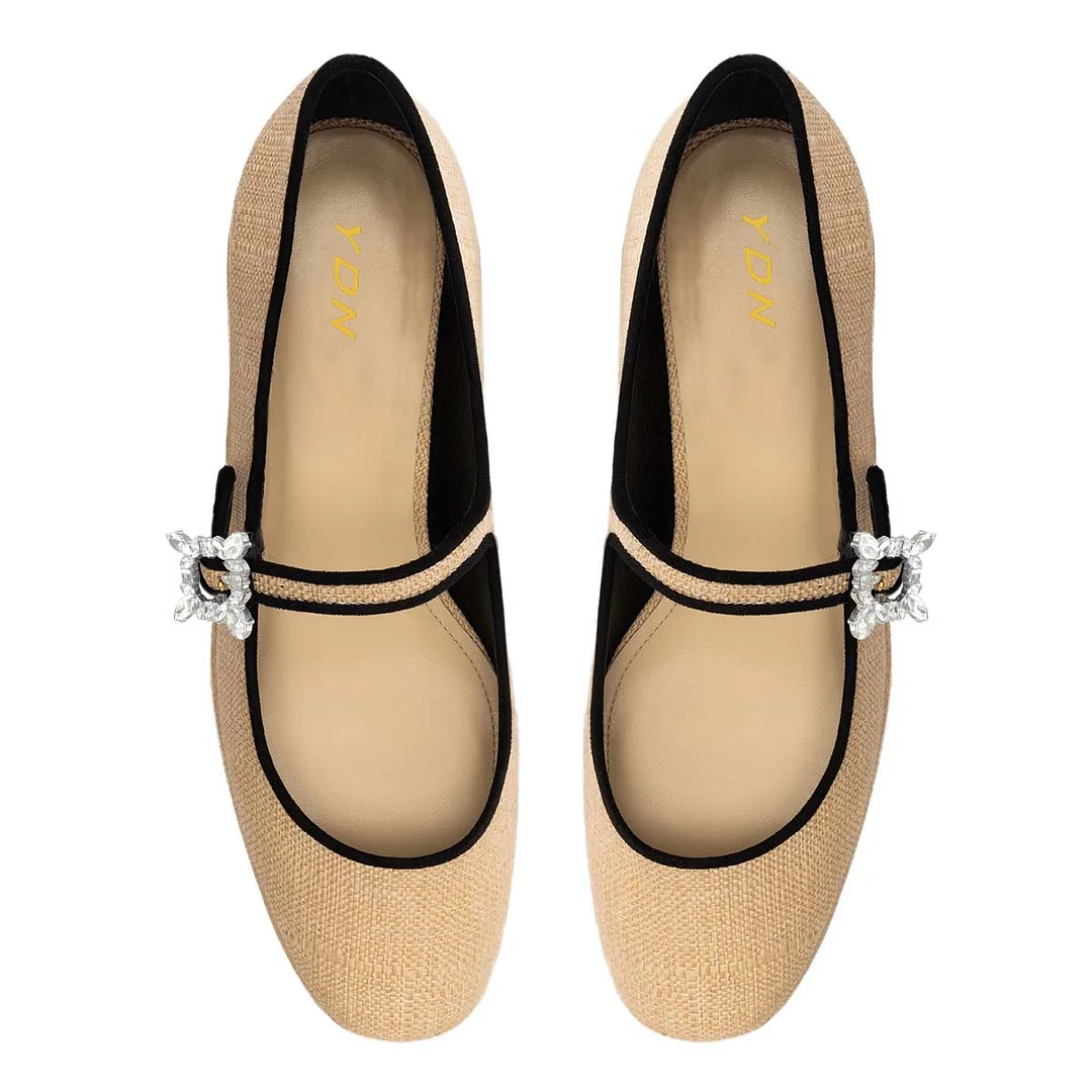 Khaki Round Toe Crystal Buckle Strap Mary Jane Platform Shoes