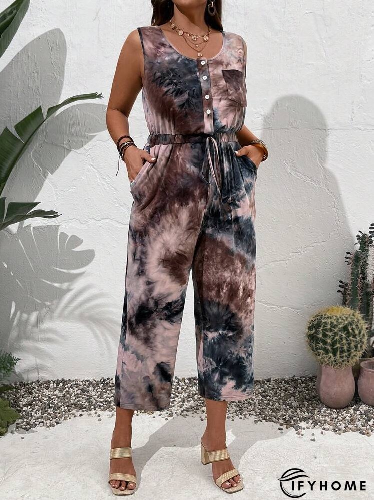 Plus Size Round Neck Single-Breasted Sleeveless Jumpsuit, Perfect For Vacation And Casual Wear | IFYHOME