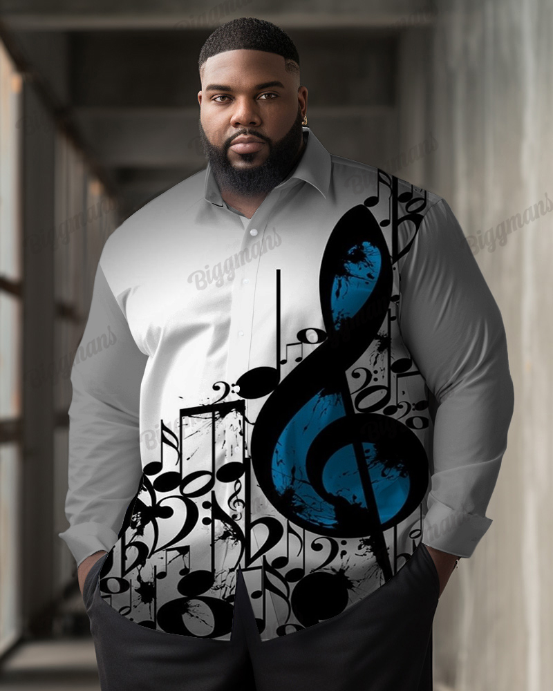 Men's Plus Size Music Notes Casual Lapel Casual Long Sleeve Shirt