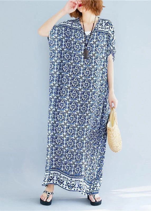 Beautiful v neck cotton Tunics Fabrics floral long Dresses summer