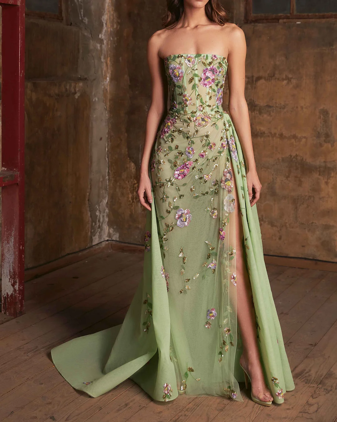 strapless embroidered floral dress
