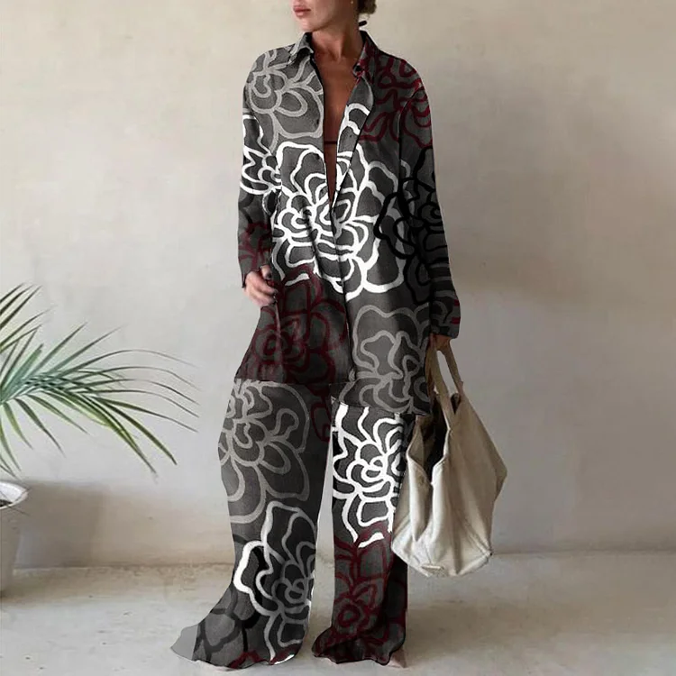 Lapel Contrast Rose Loose Two Piece Set
