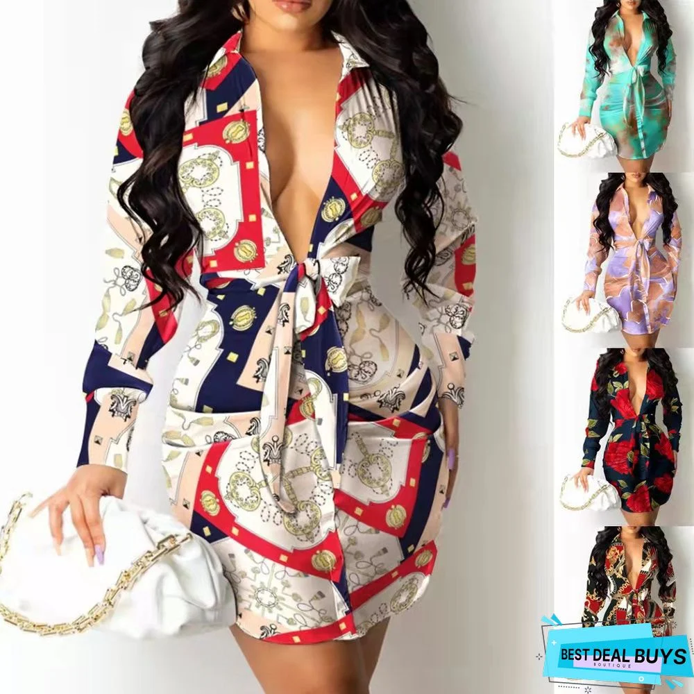 V-Neck Printed Strap Shirt Dress Women