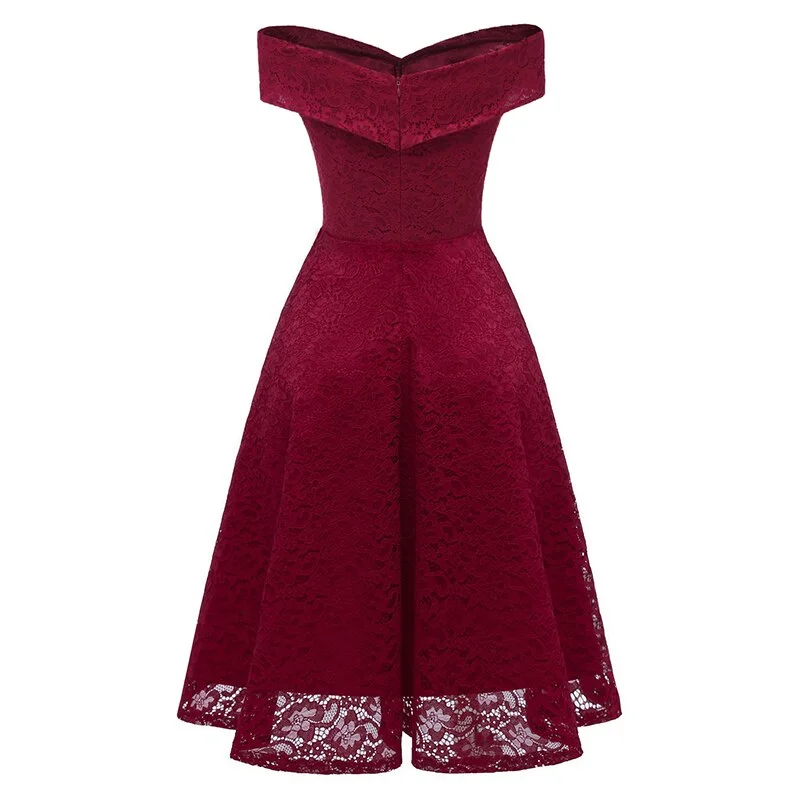 2021 New Vintage Lace Evening Party Dress Women Slash Neck Sleeveless Midi Dress Ladies Elegant Pink Dresses Vestido De Festa