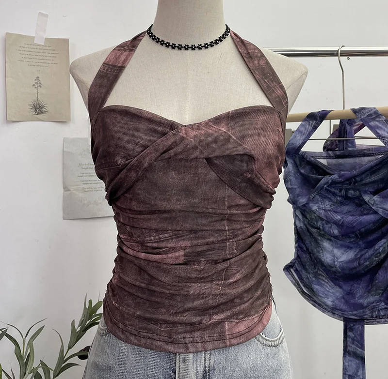 Uveng Solid Shot Tie-Dye-Dyed Denim Print Folding Mesh Sling Sling Sling Neck With Bow Striped Backwear 9921