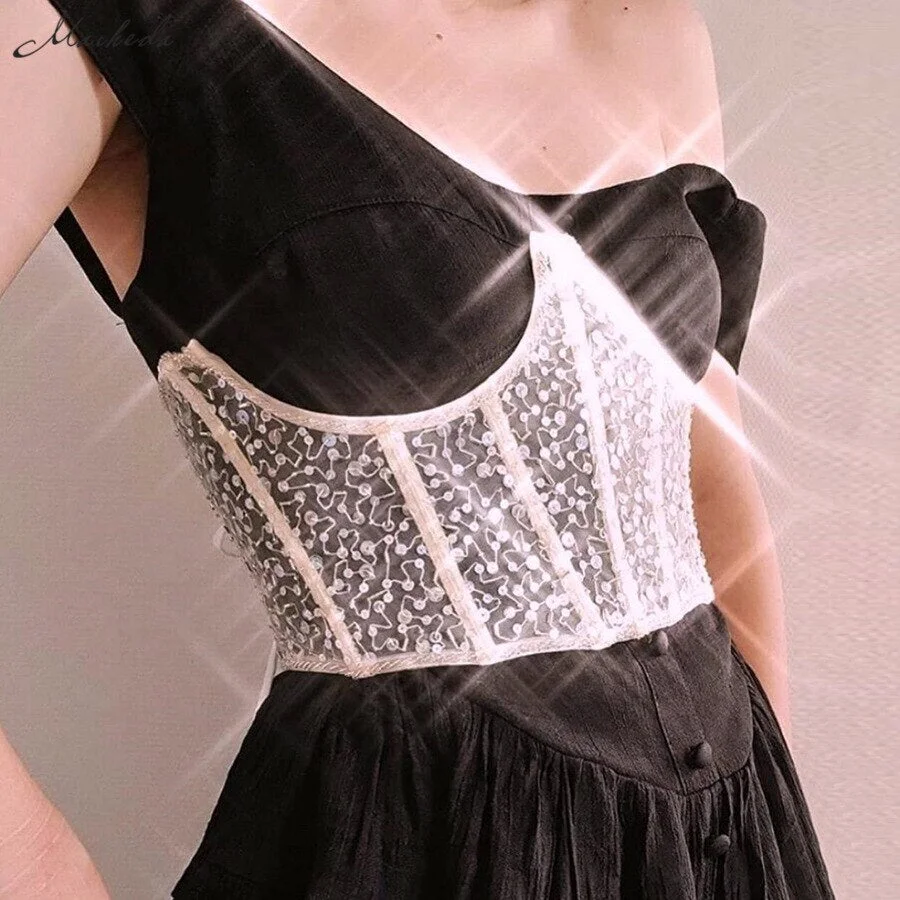 Macheda Spring Fashion Lace Up Slim Corset Women Sexy Crystal Sequins Mesh Lace Clothing Lady Streetwear Bodycon Top 2021 New