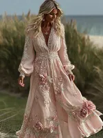 Women's Pink Rose Embroidered Art V-neck Long Sleeve Midi Dress