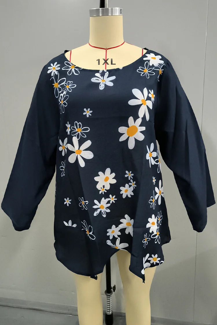 Plus Size Linen Boat Neck Floral Print Asymmetrical Hem 3/4 Sleeve Casual Blouses  Flycurvy [product_label]