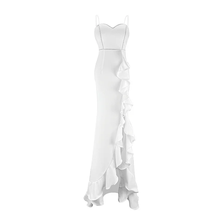 V-neck Flouncing Decor Split Long Slip Dress - Modakawa modakawa