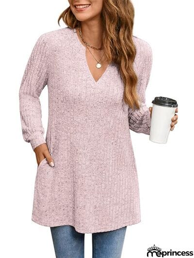 Slit Notched Pocketed Long Sleeve T-Shirt