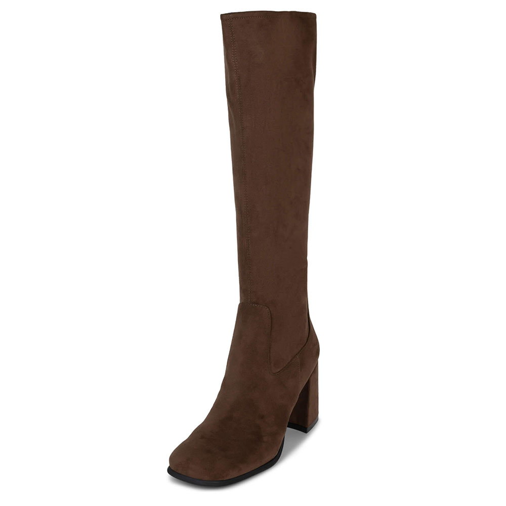  Brown Faux Suede Square Toe 3'' Chunky Heel Wide Calf Knee High Boots Nicepairs