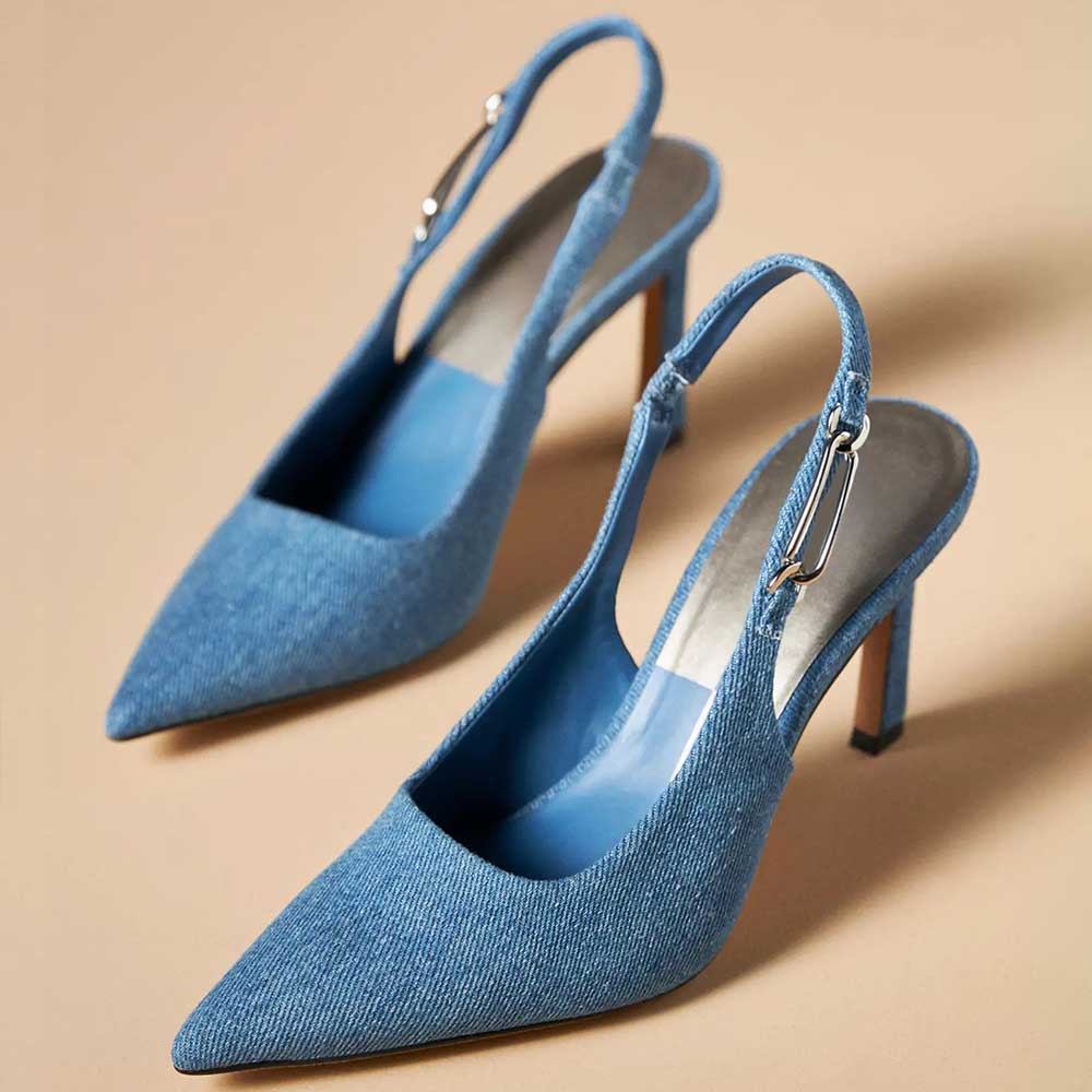 Blue Denim Pointed Toe 3'' Stiletto Heel Slingback Pumps Nicepairs